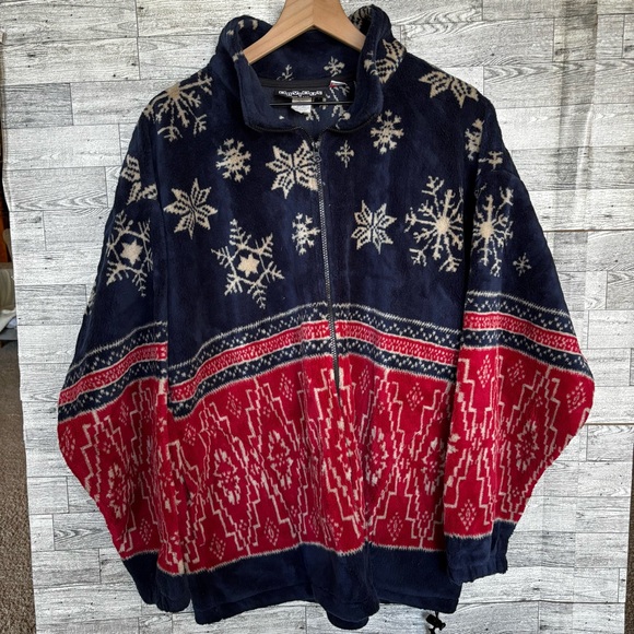 Obvious Womens Full Zip Fleece Jacket Size XL Red Blue Mock Neck Snowflakes - Picture 1 of 8